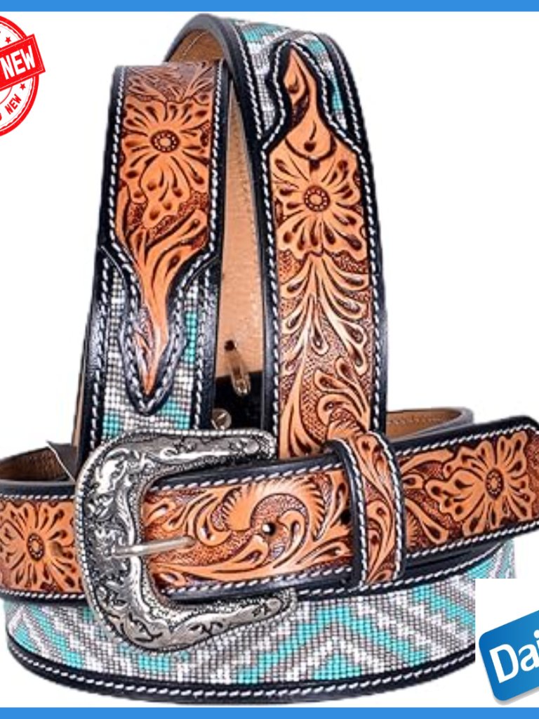 Western Leather Belt Hand Tooled Floral Design Silver Buckle Size 34